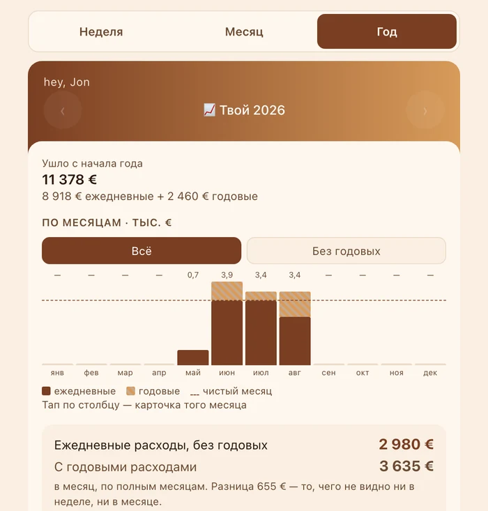 Карточка года: 11 378 € с начала года, столбцы по месяцам с разделением на ежедневные и годовые траты